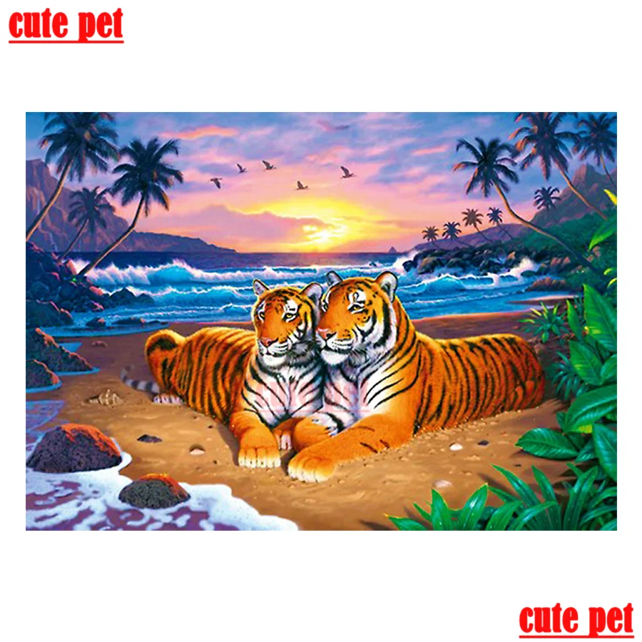 

cute pet Full Square Drill 5D The Tiger in the sunset DIY Diamond Painting arts CrossStitch Mosaic Diamond Embroidery Decor gift