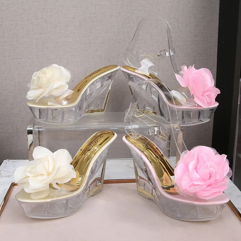 

Summer Flower Transparent Platform Wedge Heel Ladies Sandal Simplicity Ankle Straps Buckle Pumps Sexy Catwalk Party High Heels