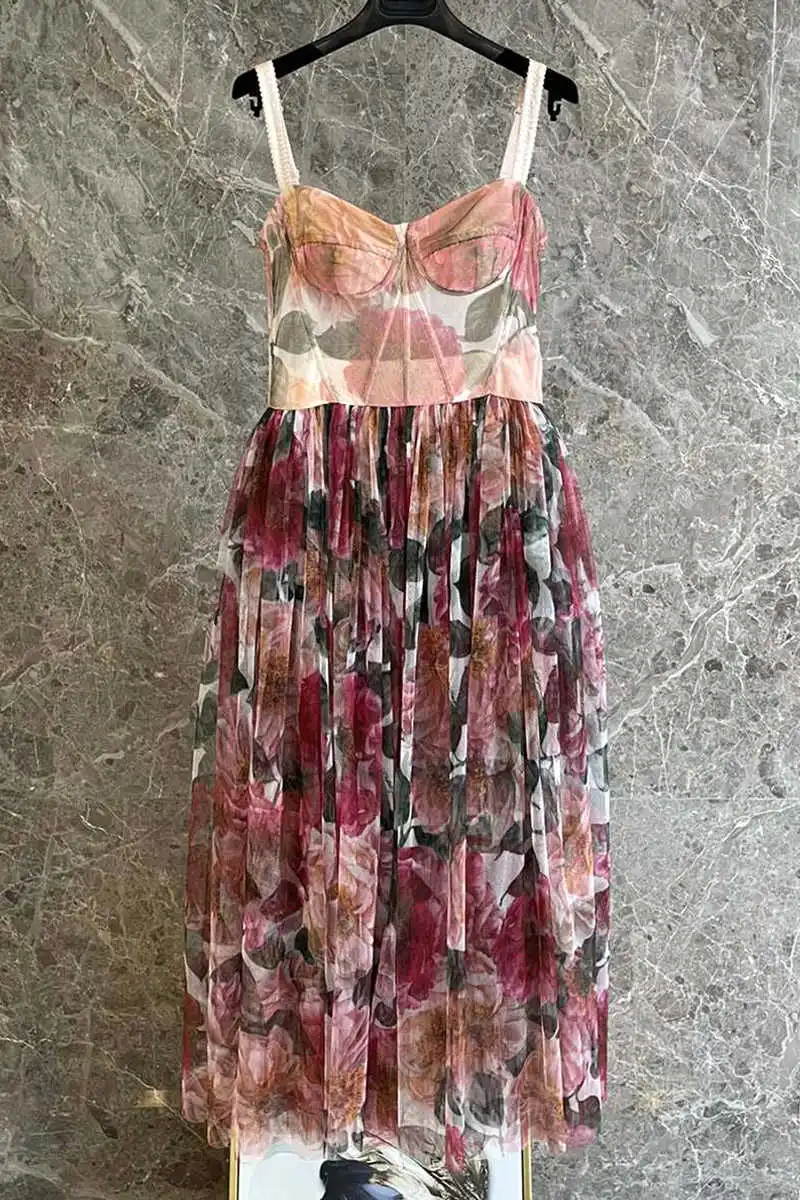 

Женское платье с открытой спиной, розовое платье средней длины из сицилийской Красной сетчатой ткани с цветочным принтом камелии, для отдых...