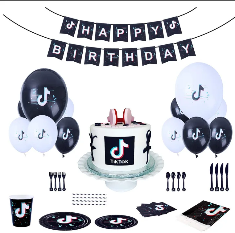 

Party Supplies TIK Theme Birthday Printing Banner Balloon Cake Topper Music Sign Flags Toppers Decor