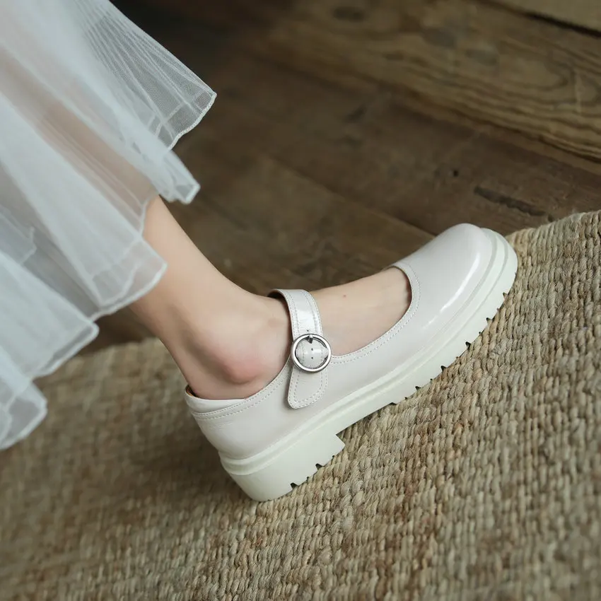 

QUTAA 2021 Platform Round Toe Buckle Women Pumps Spring Autumn Genuine Leather Square Heel Casual Basic Female Shoes Size 34-40