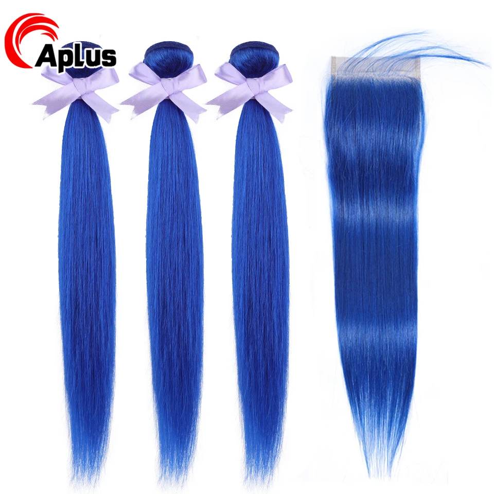 Предварительно цветные пучки с закрытием бразильские прямые синие волосами