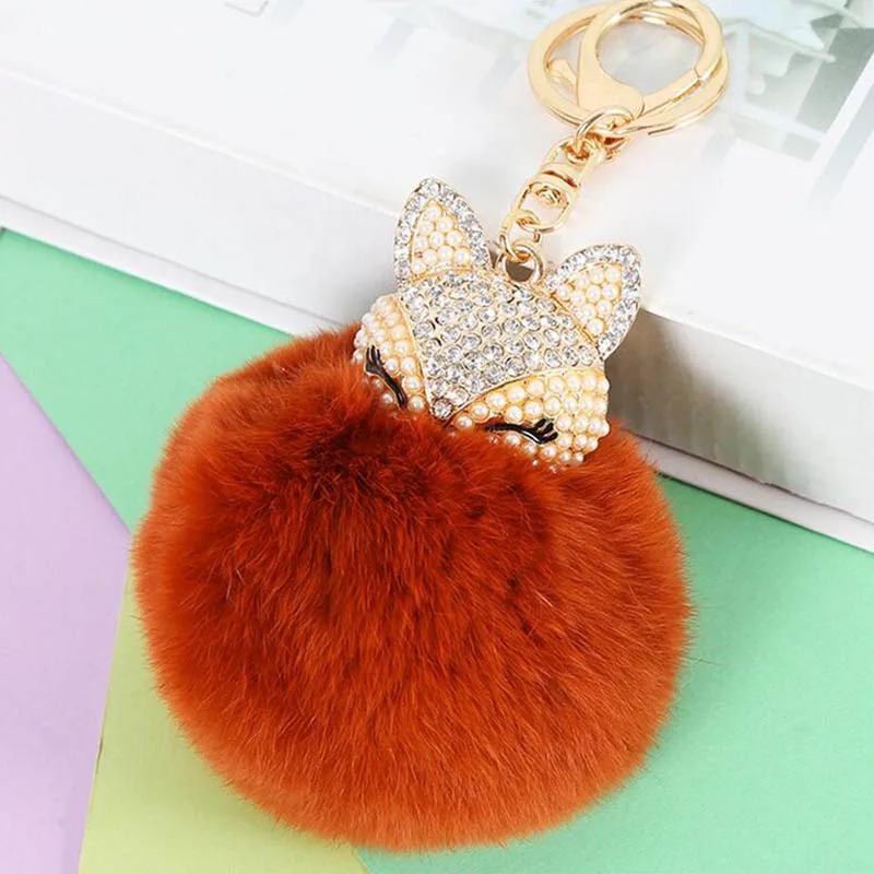 Помпон искусственный кроличий мех мяч брелок женский сплав горный хрусталь с