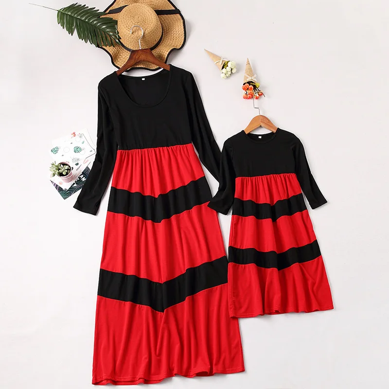 

Patchwork Mother Daughter Dresses Long Sleeve Striped Vestidos Family Matching Clothes Bohemian Long Dress for Women Girls
