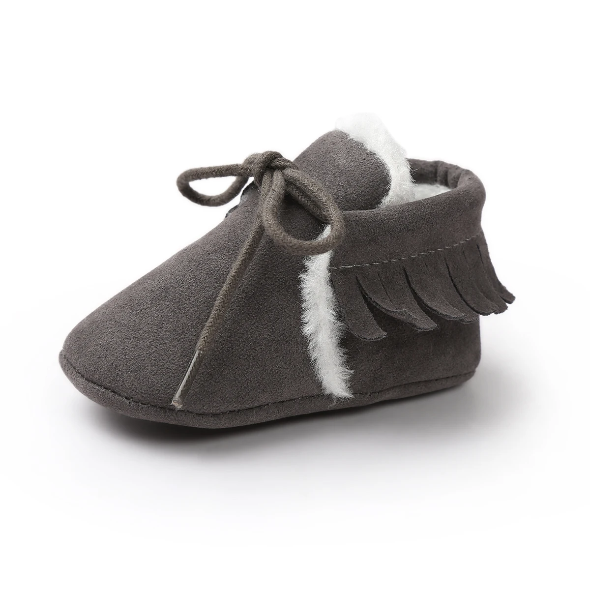 FluffDarkGrey Детская обувь для новорожденного мальчика девочки зима теплый пух бахрома замша Sofe на шнуровке малыша Детская кроватка ползать обувь повседневные Мокасины - Цвет: FluffDarkGrey
