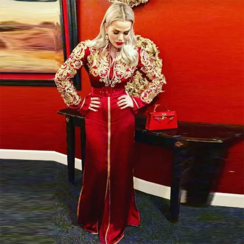 Мода Красный марокканский Черное кружево с длинным рукавом вечернее платье