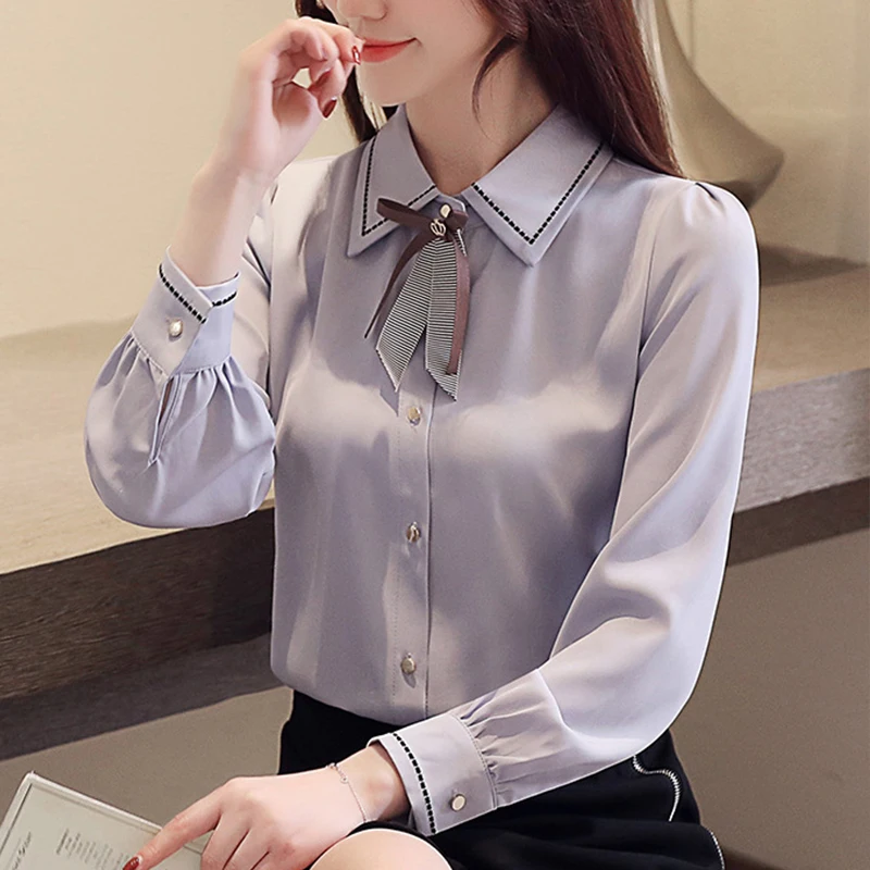 

Formal Business Slim Long Sleeve Chiffon Bow Tie Shirt Spring New Women Blouse Elegant Clothes Office Lady Plus Size Tops