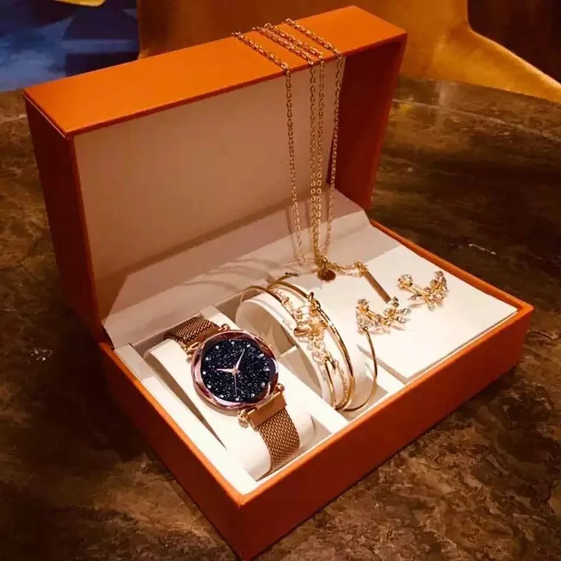 Модные часы набор для женщин розовое золото сетка магнит звездное небо кварцевые