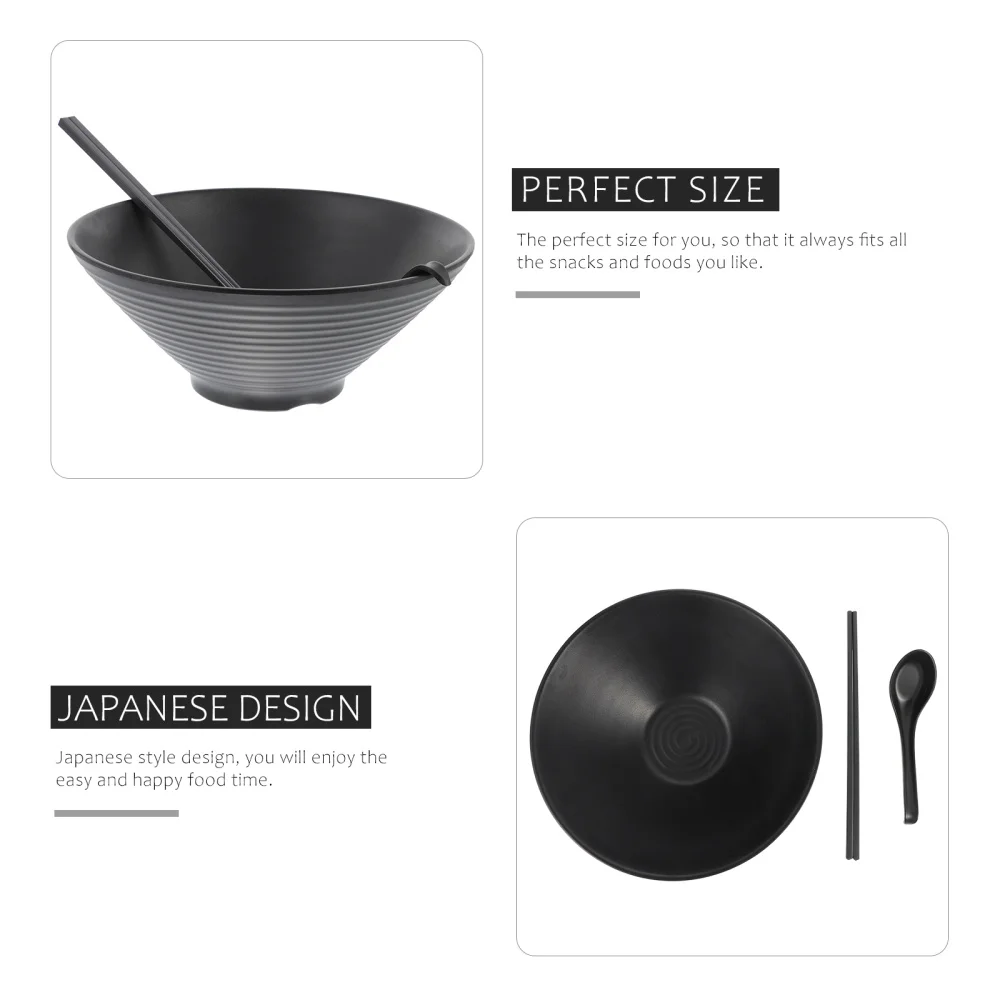 

1 Set Melamine Japanese Tableware Set Ramen Bowl Spoon Chopsticks Set (Black)