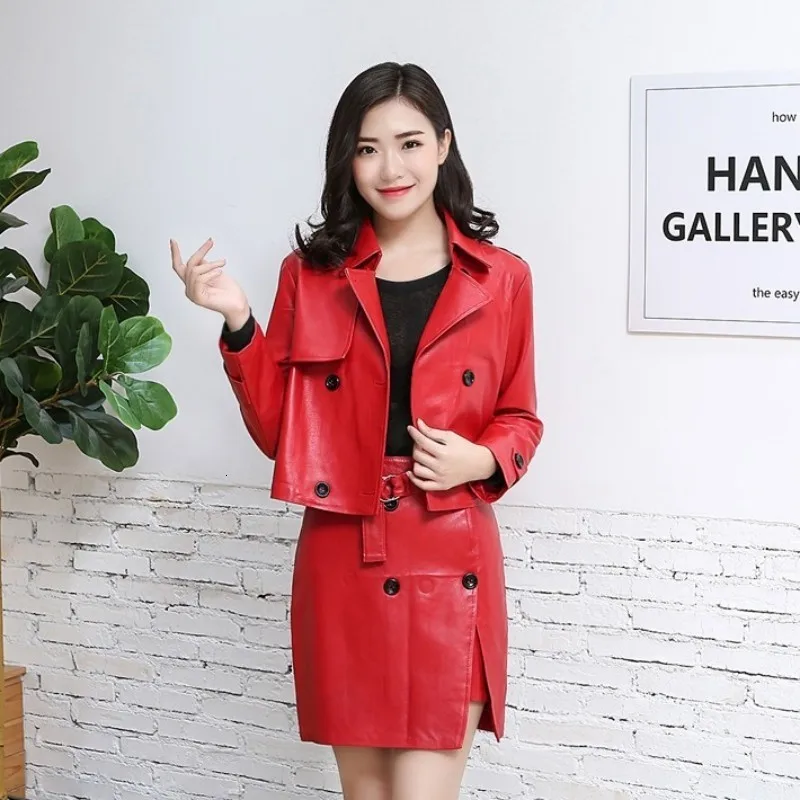 

Spring New Pink Office Ladies Sheepskin Real Leather Skirt Women Casual Buttons Slim Fit High Waist Wrap Skirt Green Jupe Femme