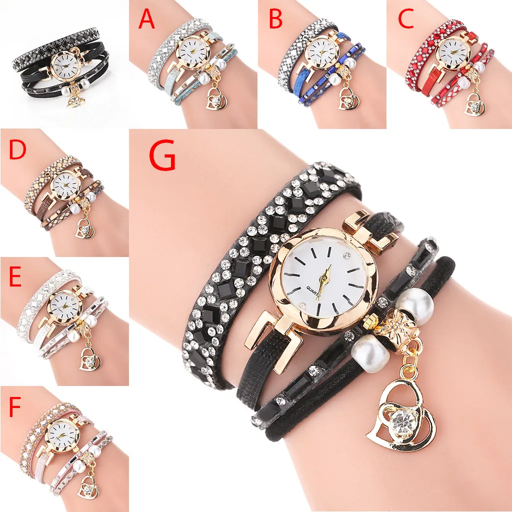 

Top Fashion Diamond Waterproof Women Vintage Shining Love Pearl Bracelet Simple Small Stainless Steel Dial Quartz Wrist Watch