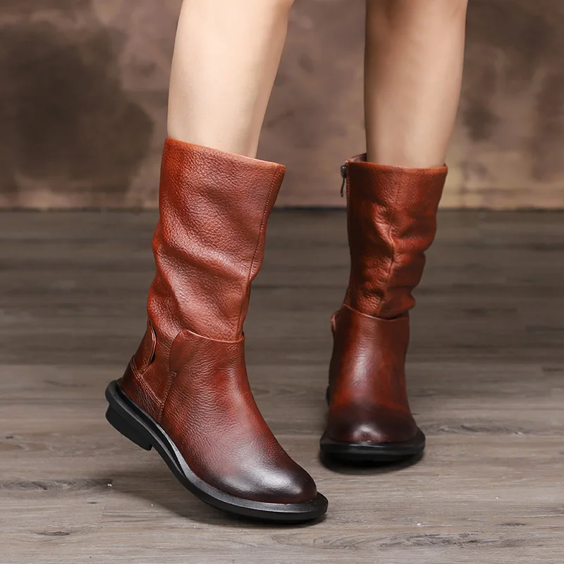 Женские Плиссированные сапоги ручной работы теплые зимние до середины икры из