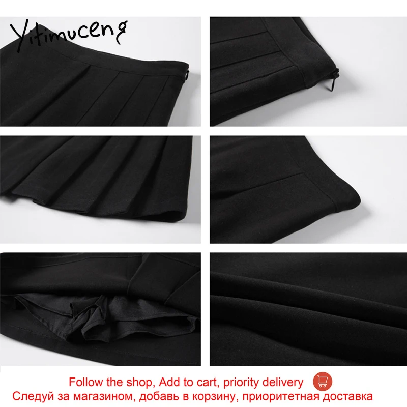 

Yitimuceng Black Asymmetrical Skirt Women Pleated High Waist Mini A-Line Solid 2021 Summer Office Lady Fashion Skirts Hot Sale