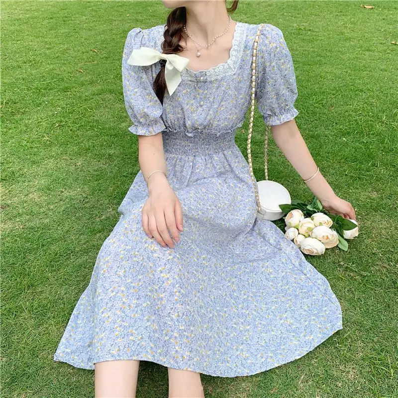 

Floral Lace Stitch Chiffon Midi Spring Summer Clothes Dress For Women'S Vetement Femme 2021 Sukienka Sundress Casual Dress