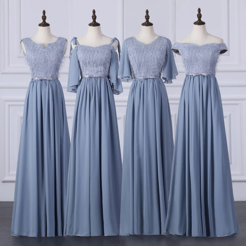 Голубое серое шифоновое длинное платье для свадебной вечеринки женщин