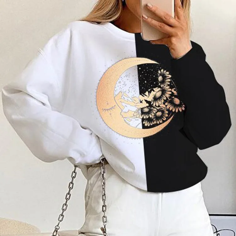 

Harajuku Crewneck Sweatshirt Women Autumn Black White Patchwork Moon Print Oversized Sweatshirts Casual Loose Pullover Sudaderas
