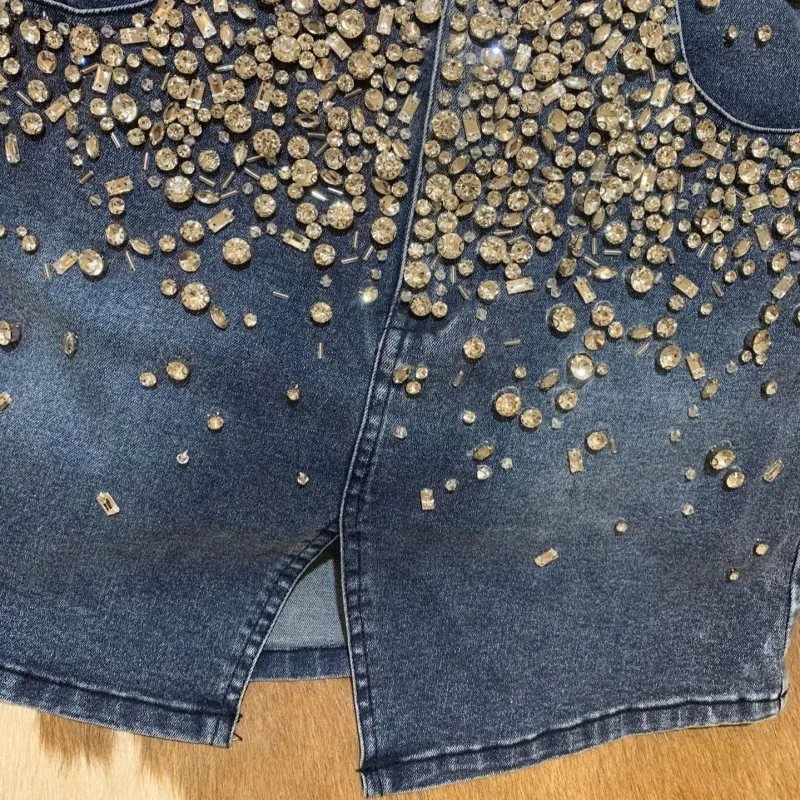 High Quality Denim Skirt Women Design Luxury Diamonds High Waist A-Line Split Skirts Office Ladies Sexy Slim Fit Wrap Mini Skirt