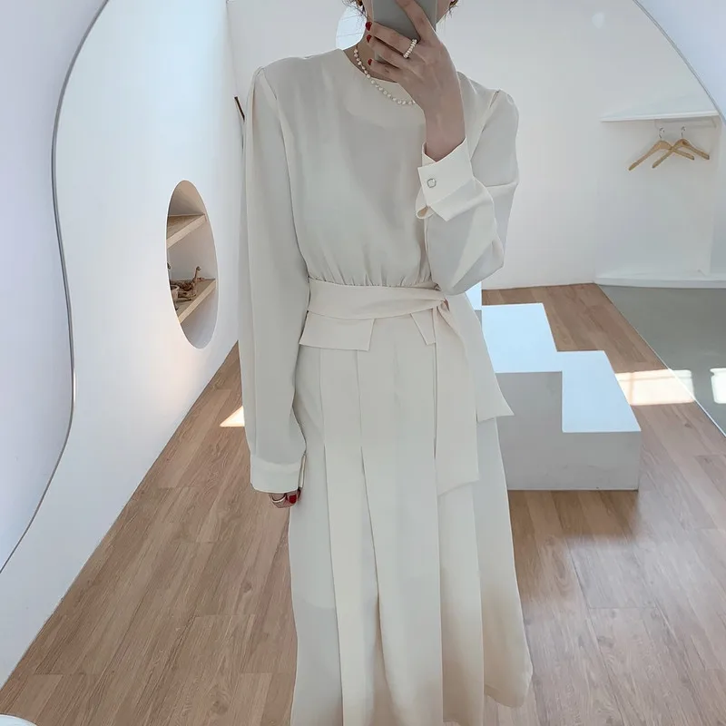

Spring Korean O-neck Elegant Women's Long Dress Long Sleeve White Office Lady Clothes Pleated Sashes Dresses Ladies