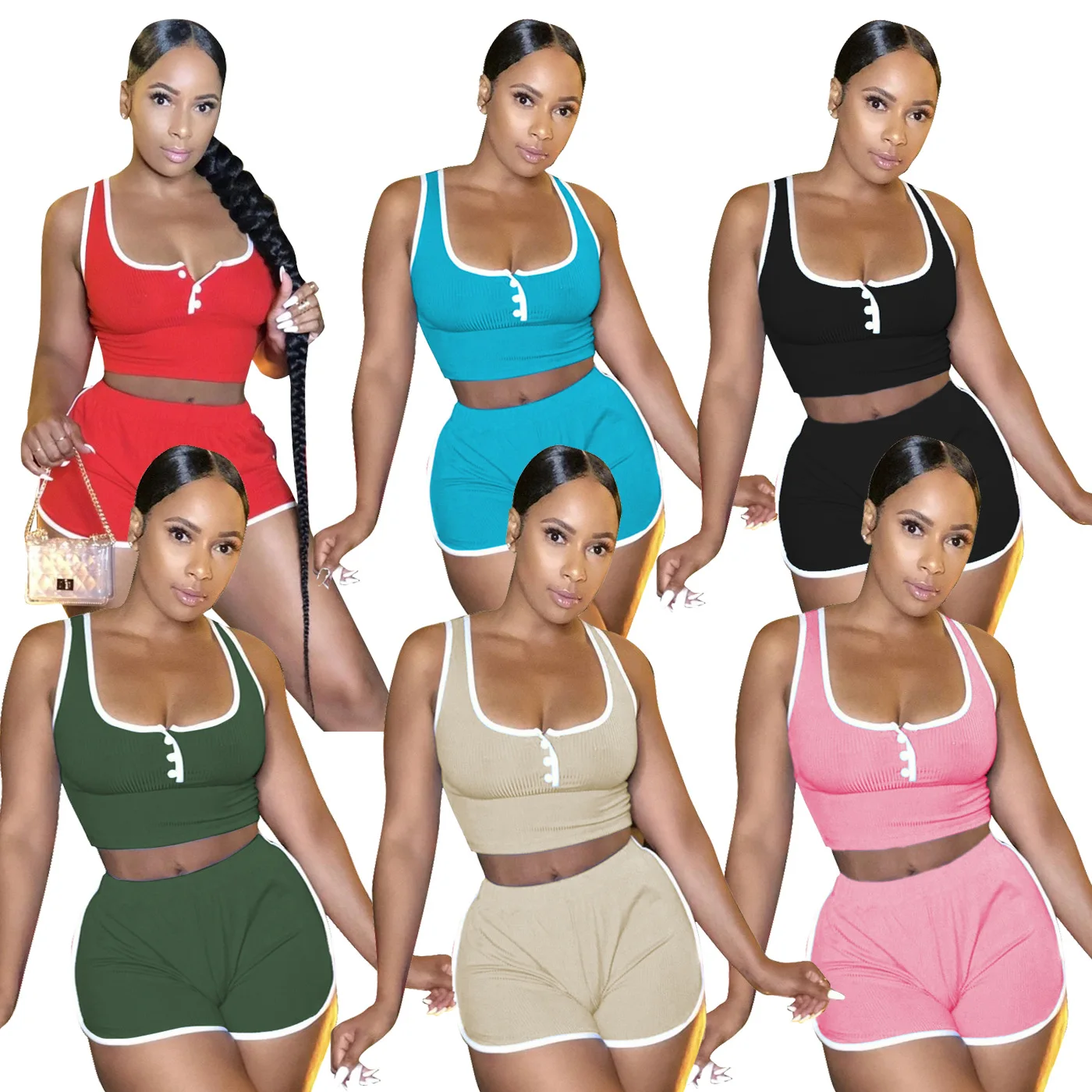 

Casual Activewear Workout Women's Sport Suit Low Neck Sleeveless Tank Top and Biker Shorts Sweatsuit Loungewear 2 Piece Outfits