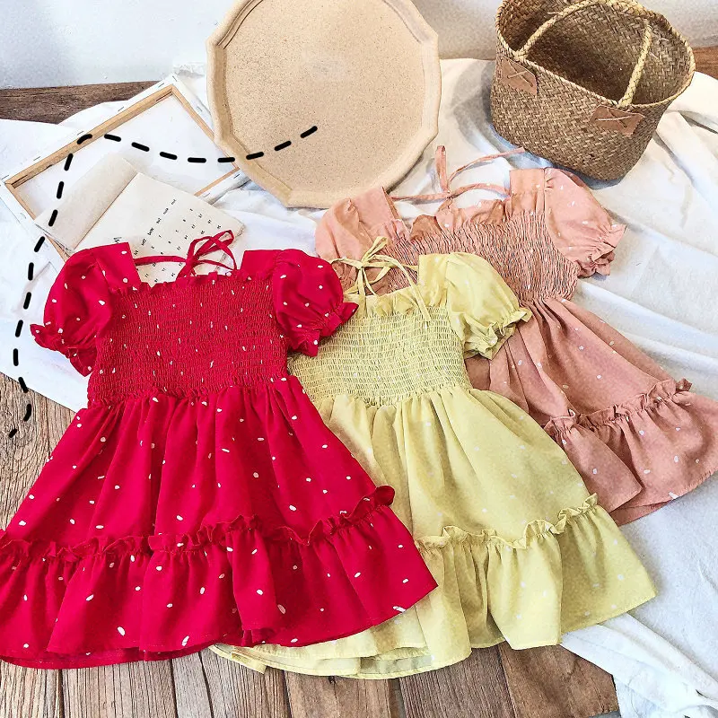 

DFXD 2020 Summer Kids Girls Dresses Korean Style Fashion Lovely Baby Solid Dot Puff Sleeve Birthday Party Dress Princess Costume