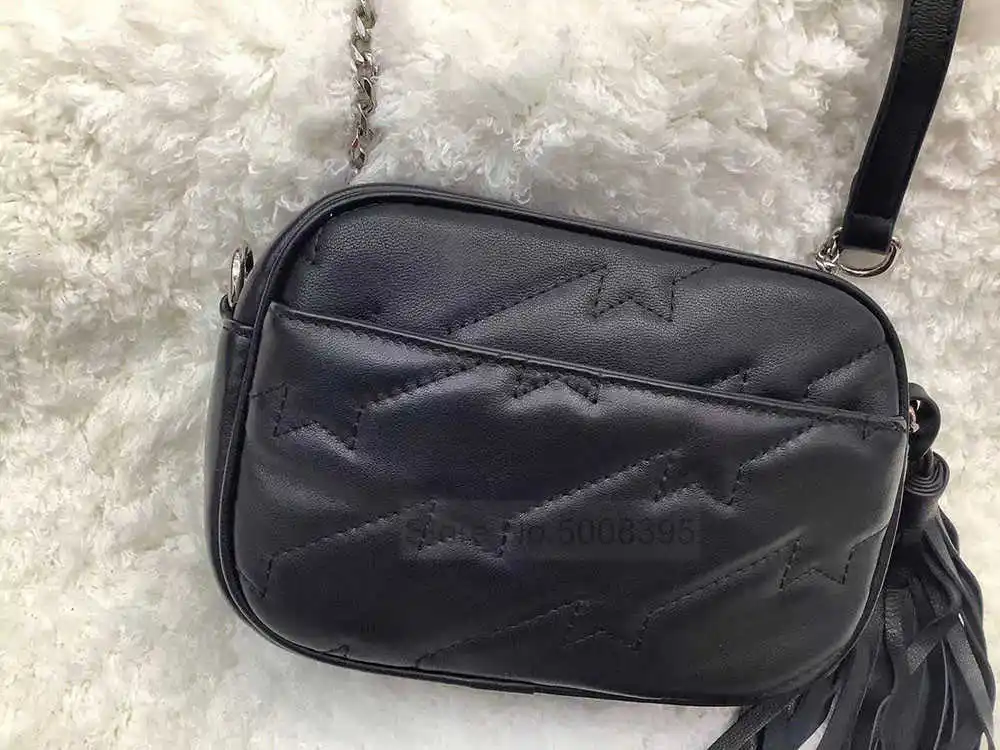 

2021 Woman Black Leather Camera bag With Strap Long Tassles Detail Fashion Messenger bags Zipper