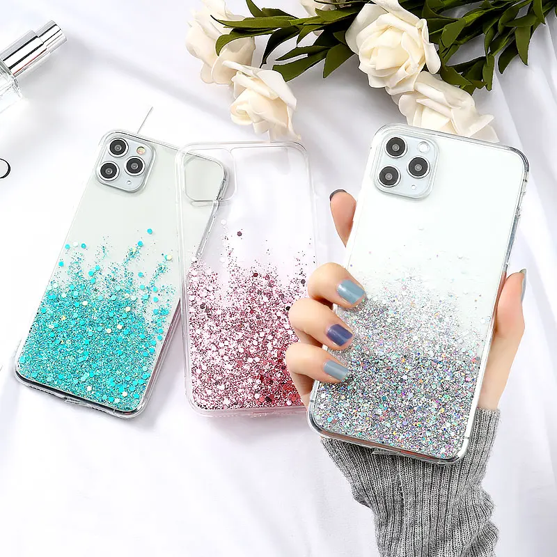 Silicon Phone Case For Iphone 11 Case Bling Glitter Fundas For Iphone 12 Pro Max Mini XR XS 7 8 Plus 6 6s SE 2020 SE 2 3 Cover