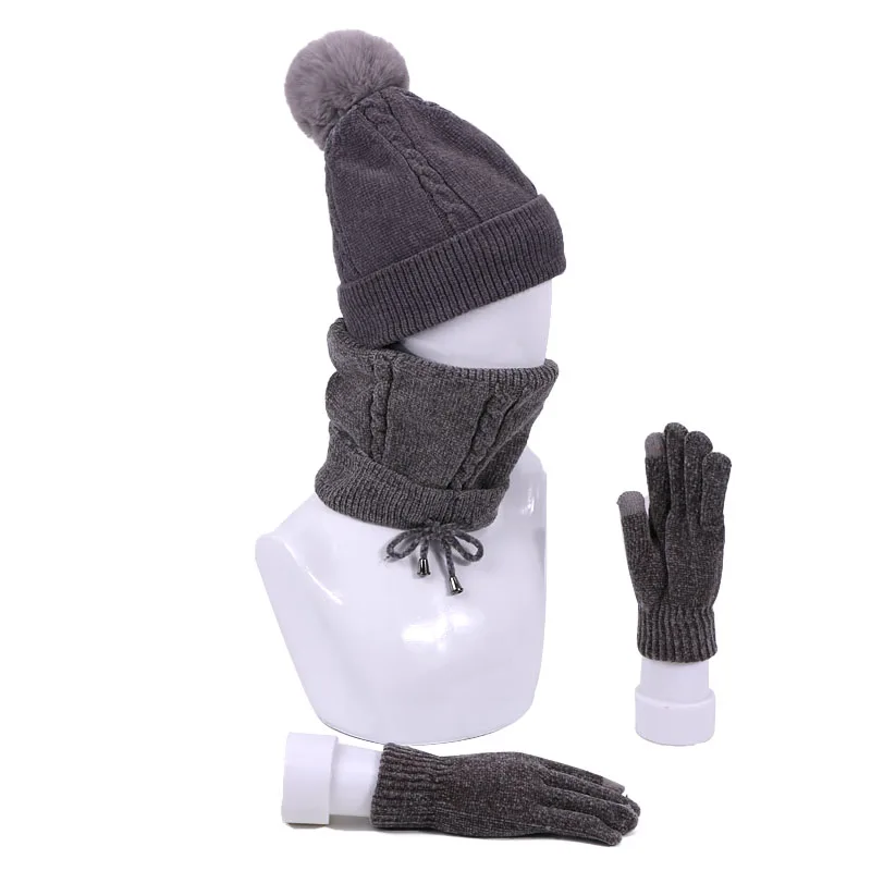 

Winter Accessories 3 Pcs Knitted Hat Scarf Gloves Set For Women Men Warm Ears Knit Skullies Beanies With Lining Scarf Gloves Set