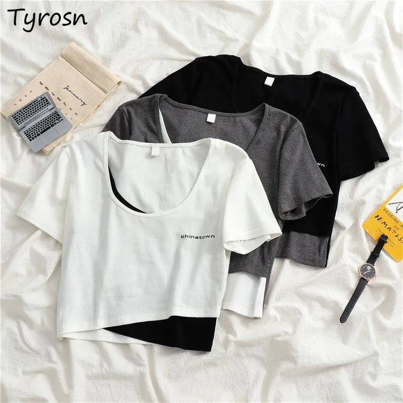 

Women T-shirts Summer Fake Two Pieces Chic Korean Style Crop Top Streetwear Ulzzang Slender Leisure Students Harajuku Casual Ins