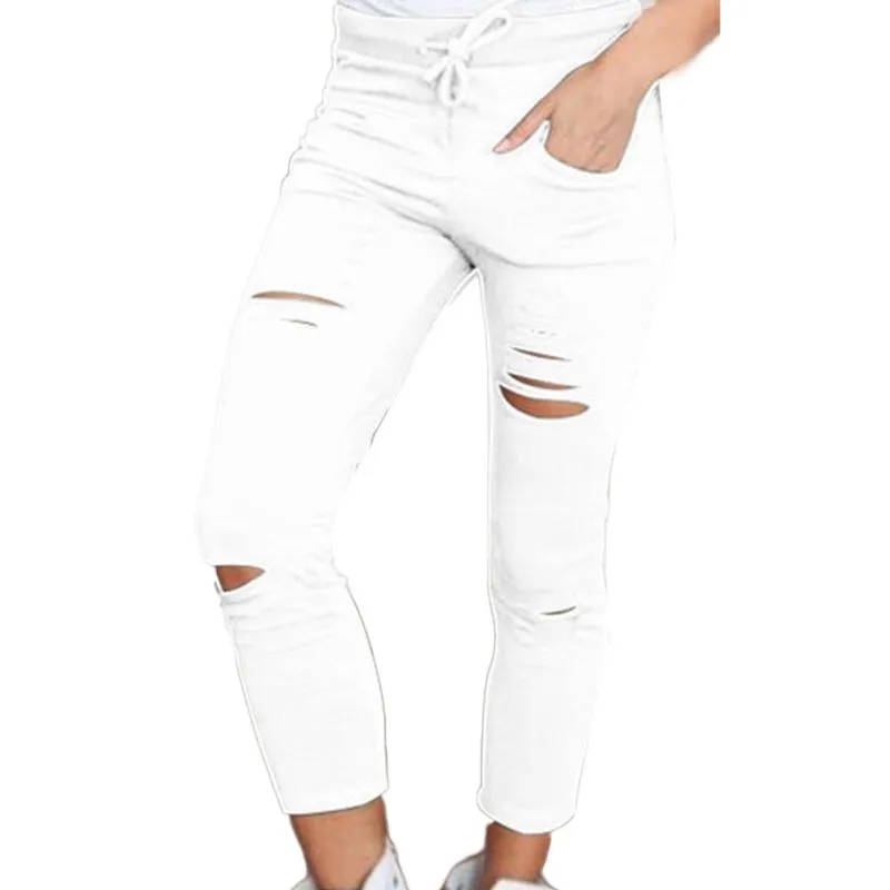 

New Pencil Pants Women's Leggings Ladies Destroy Hole Pants Cotton Drawstring Slim Pants Women Denim Pencil High Waist Jeans