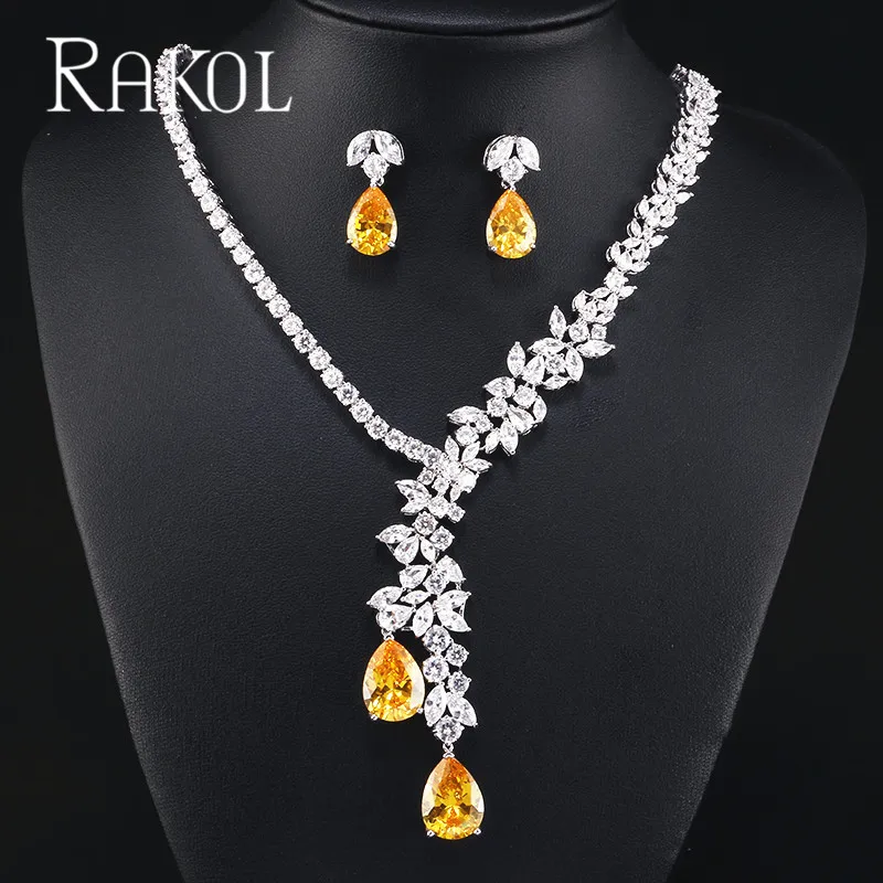 RAKOL Роскошные Искрящийся Блестящий кубический циркон серьги ожерелье тяжелый