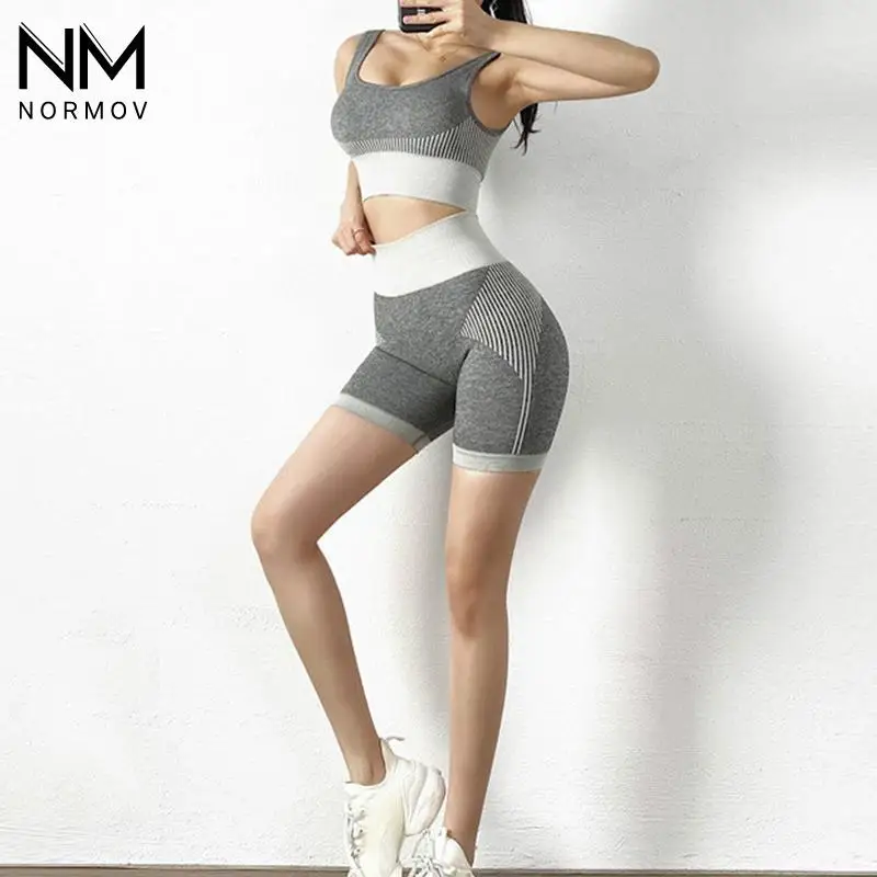 

NORMOV 2 Pcs High Waist Set Women Bra Shorts Sports Set Workout Fitness Sportswear Seamless Running Clothing Sexy Shockproof Bra