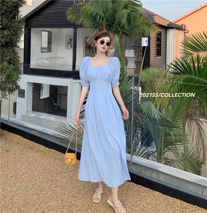 

New 2021 short sleeve fashion Square collar bubble sleeve dress For Women wholesale Q104