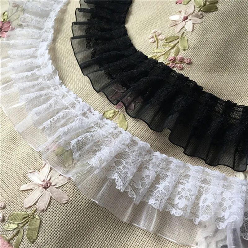 1Yard New Pleated White Lace Trim Fabric 5cm Craft Supplies DIY Sewing Black Lace Ribbon Guipure Dress Clothes Decoration KQ5