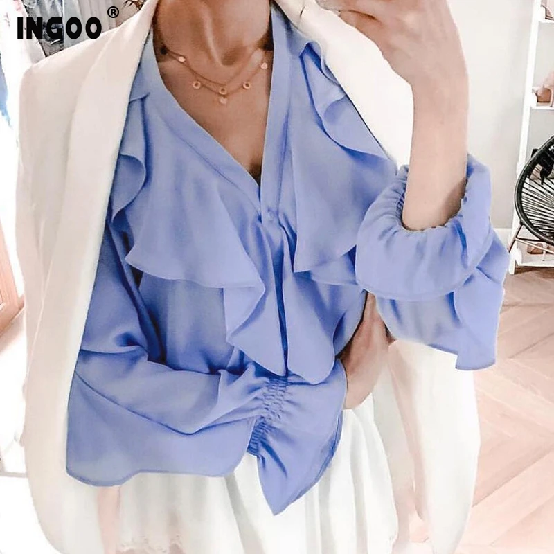 Женская офисная блузка на пуговицах с V-образным вырезом | одежда