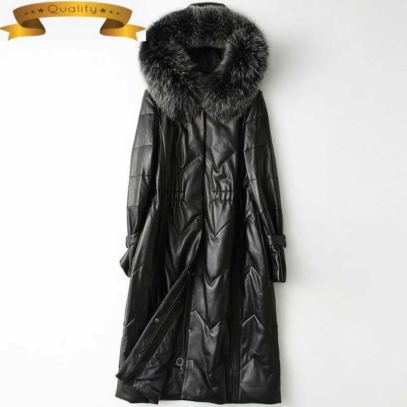 

Leather Real Genuine Winter Jacket Women Long Sheepskin Coat Female Down Jacket Fox Fur Hooded Leren Jas Dames HQ11-ZPL121B KJ