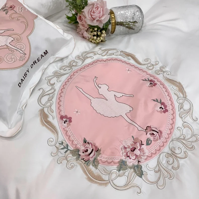 

Luxury Washed Silk Embroidery 100% Pure Cotton Home Bedding Set Duvet Cover Flat Fitted Sheet Pillowcases Queen King 4pcs