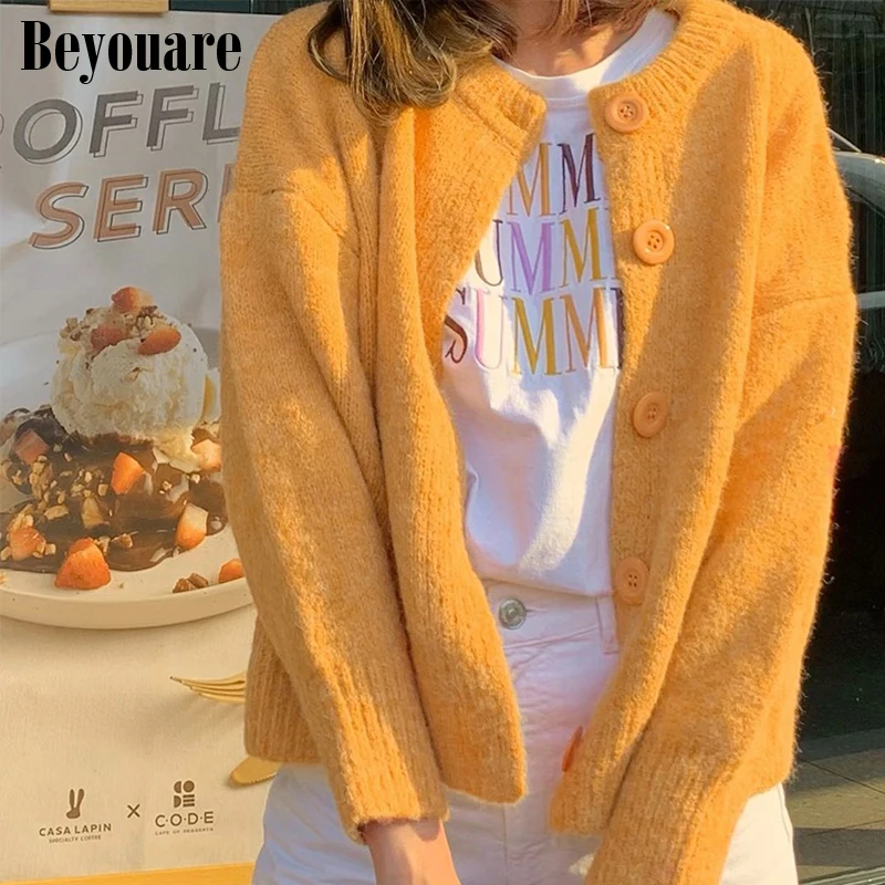 

Beyouare Knitted Sweet Cute Button Sweater For Women O Neck Long Sleeve Loose Warm Woolen Cardigan Autumn Winter Thick Coat 2021