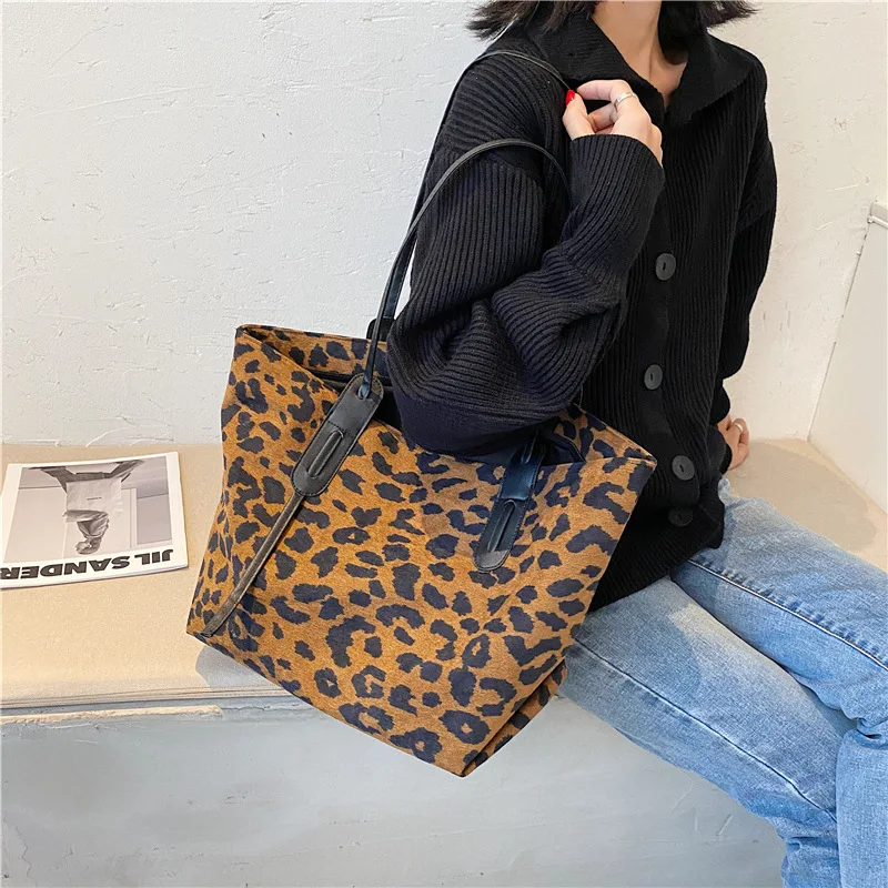 

Women Corduroy PU Handbags Zebra Leopard Pattern Shoulder Bag Large Capacity Ladies Animal Tote Bags