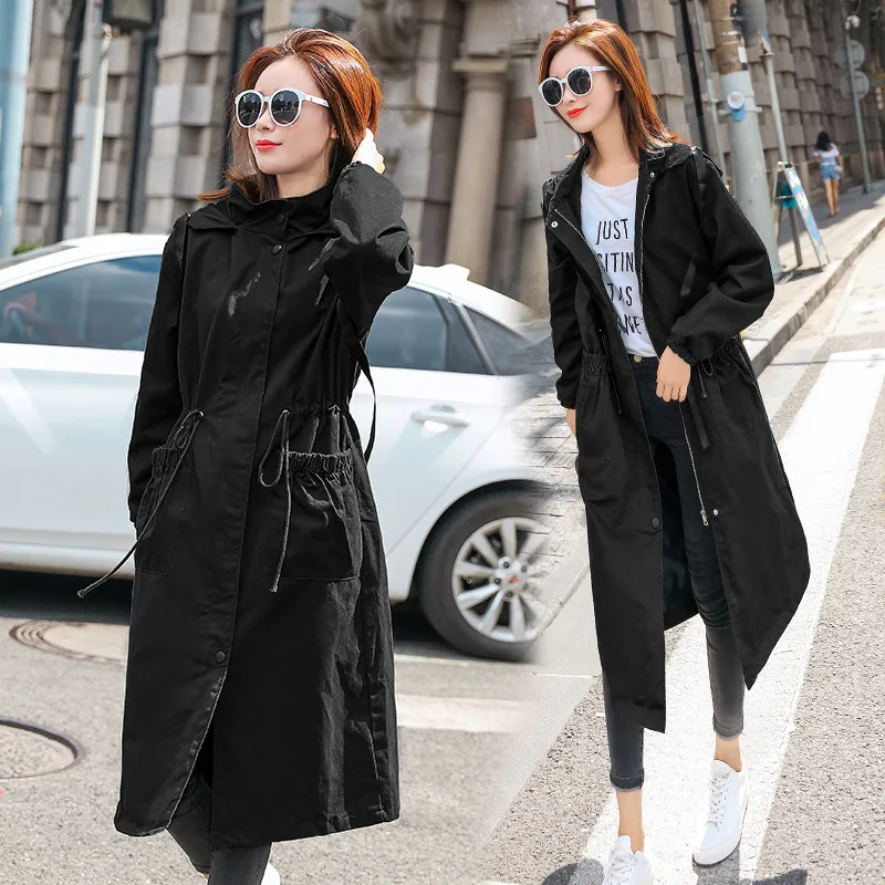 

Spring Black Women's 2020 New Hooded Windbreaker Women Wild Drawstring Zipper Simple Temperament Trench Coat Women Abrigos Z883