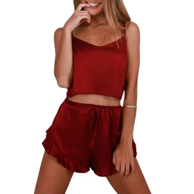 

Womens Summer Satin Sexy Pajamas Set Spaghetti Straps Camisole Crop Top Wide Leg Ruffles Shorts Solid Color Lingerie Sleepwear
