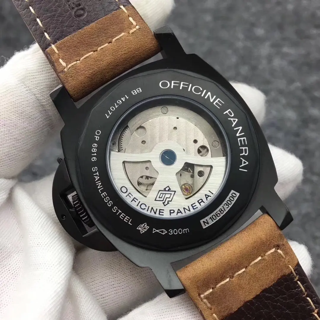 

44mm Classic New Men Automatic Mechanical Sapphire Stainless Steel Leather 1950 3 Days Luminous Green Orange Number Watch