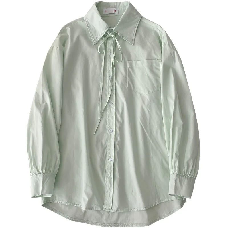 

Elegant Solid Shirt Women Casual Korean Style Fashion Turn-down Collar Loose Long Sleeve Top Female Blue Fashion Blouse