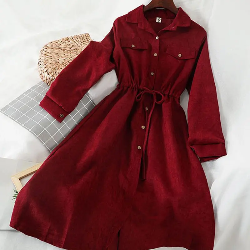 Женское вельветовое платье Mori Girl зимнее однотонное платье-рубашка с отложным