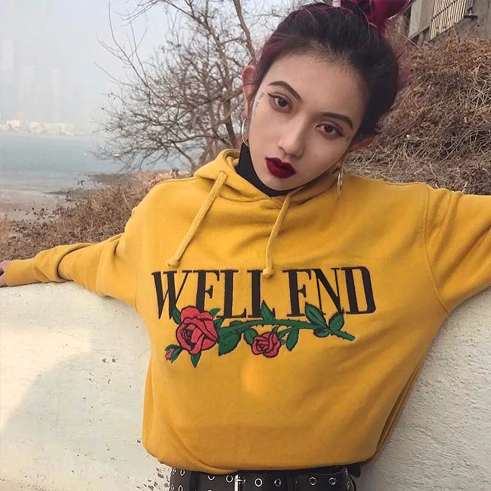 Harajuku печать розы Вышивка Цветы Женская толстовка 2019 корейский kpop осень зима