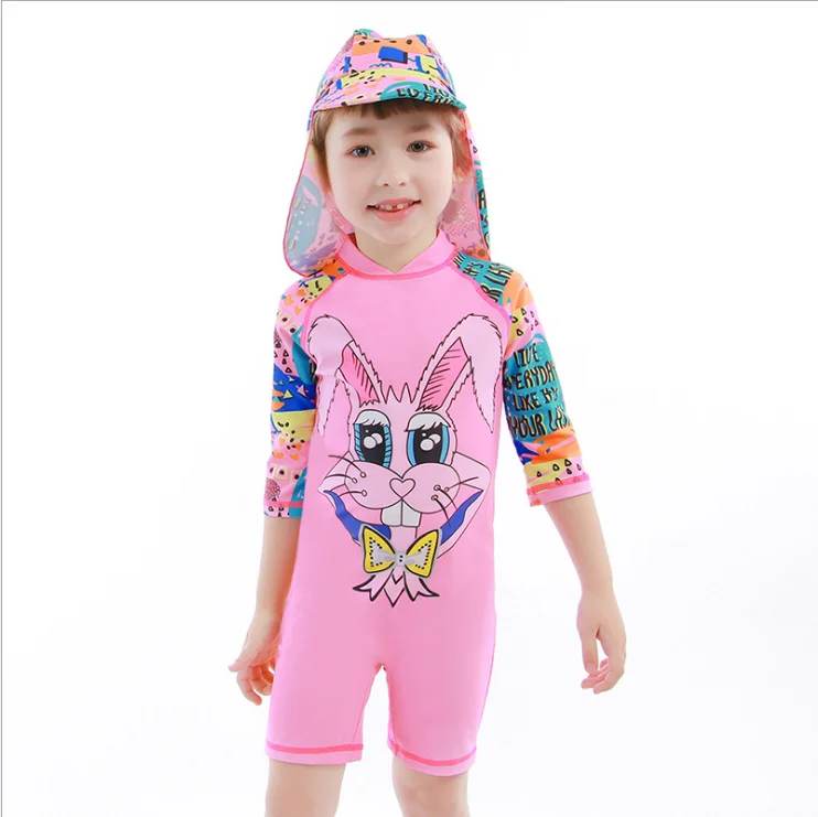 

Детский слитный купальник на молнии, с принтом кролика, для малышей, 2020, пляжная одежда для девочек, с короткими рукавами, розовый, детский ку...