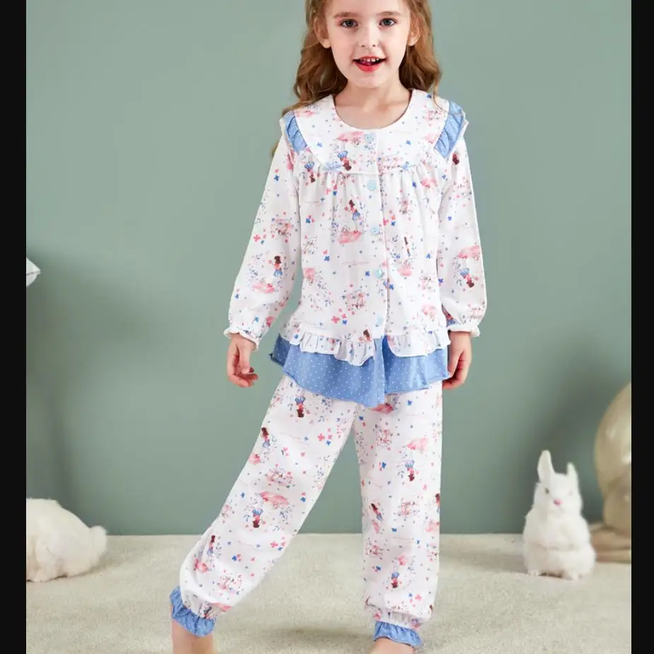 

Новая брендовая Хлопковая пижама для девочек, детская мягкая Пижама с милым принтом, топы с длинными рукавами + штаны, комплект из 2 предмето...