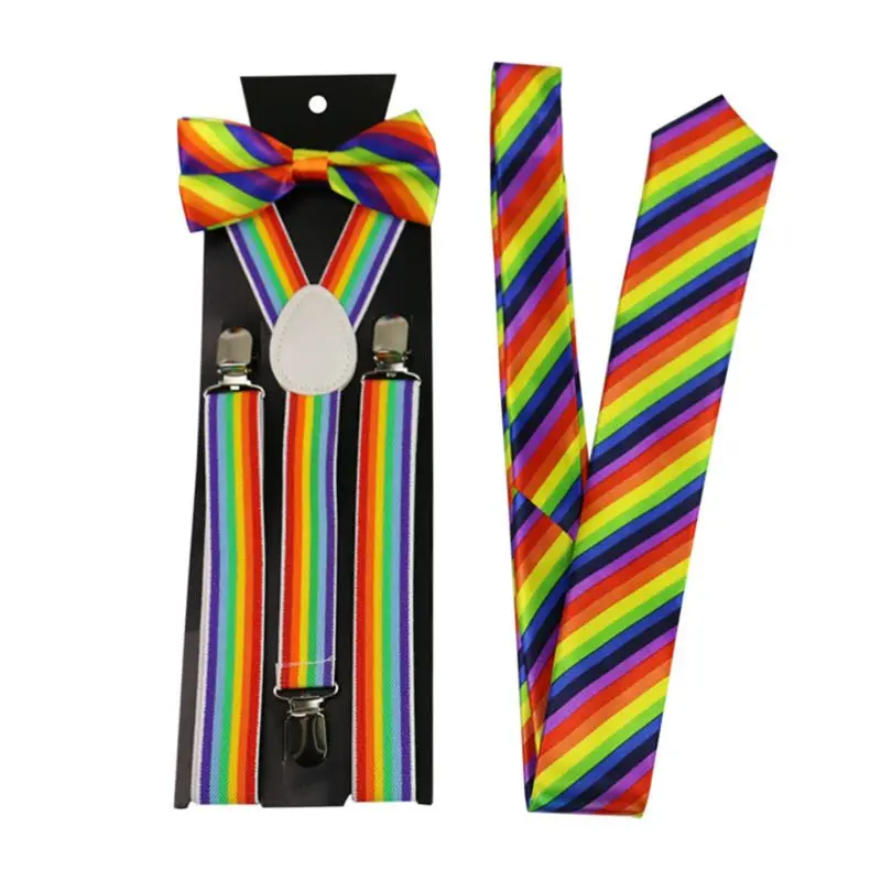 

Men Women 3 Piece Rainbow Striped Costume Set Y-Back Suspenders Bow Tie Necktie