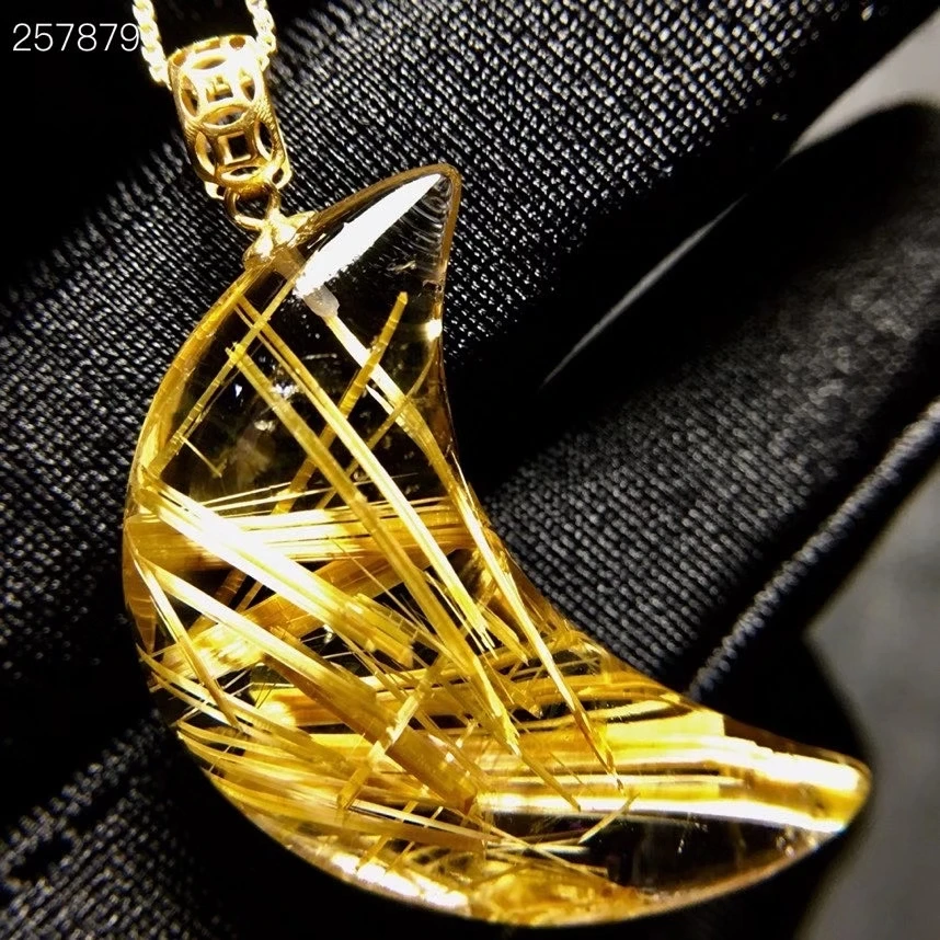 

Genuine Natural Gold Rutilated Quartz Moon Carved Pendant 28.3*18.8*9mm Crystal Wealthys Necklace Jewelry AAAAAA