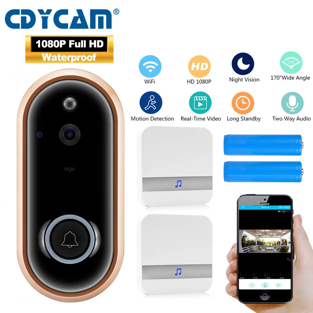 CDYCAM 1080P смарт-видео, дверной звонок беспроводная домашняя камера безопасности 2-Way Talk ночного видения PIR Обнаружение двери телефон с вилкой Chime
