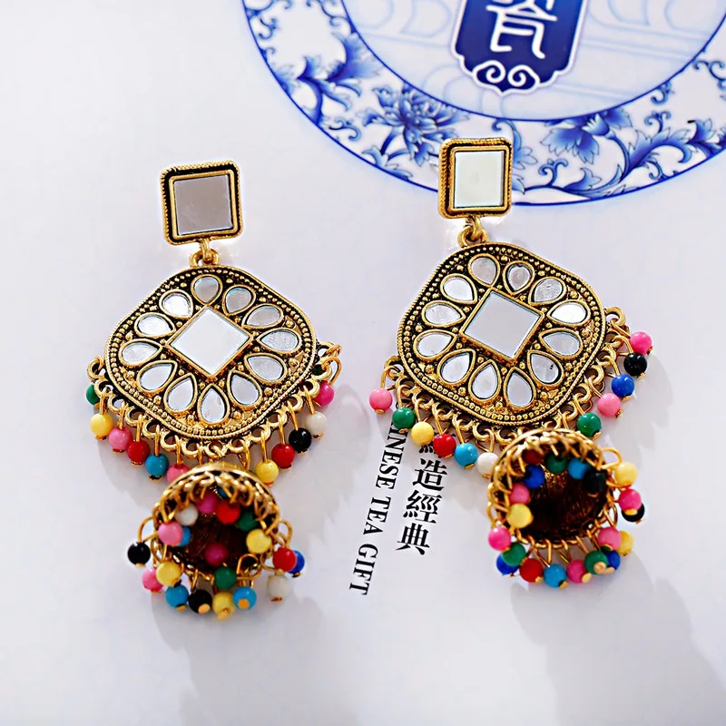 Цыганские серьги с жемчужинами и кисточками в индийском стиле Jhumka для женщин, богемные Ретро Золотые Зеркальные колокольчики, тибетские сережки oorbellen